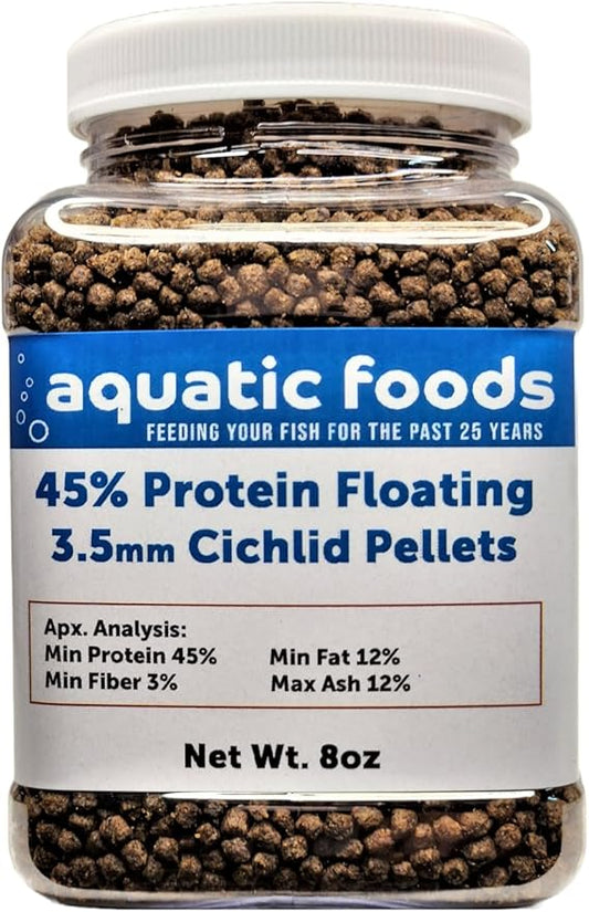 Aquatic Foods Inc. Cichlid Pellets, 45% Protein Floating 3.5mm (9/64") Pellets for Discus,Oscars, Central American, South American Cichlids…8oz Small Jar