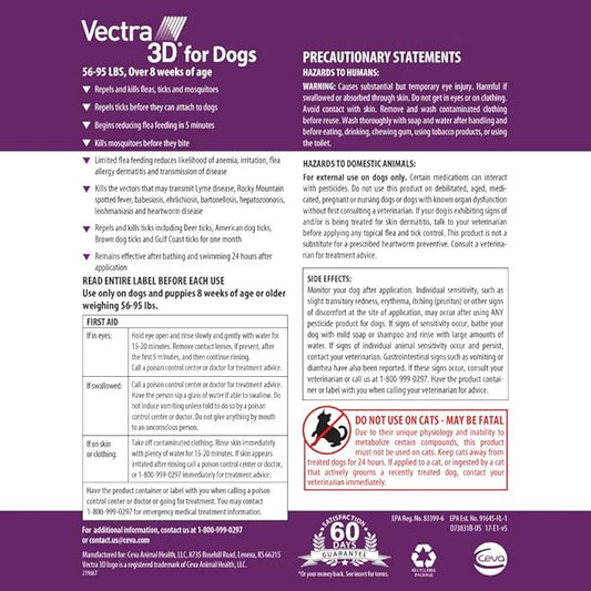 Vectra 3D for Dogs Flea, Tick & Mosquito Treatment & Prevention for Large Dogs (56 to 95 lbs) , 6 month supply