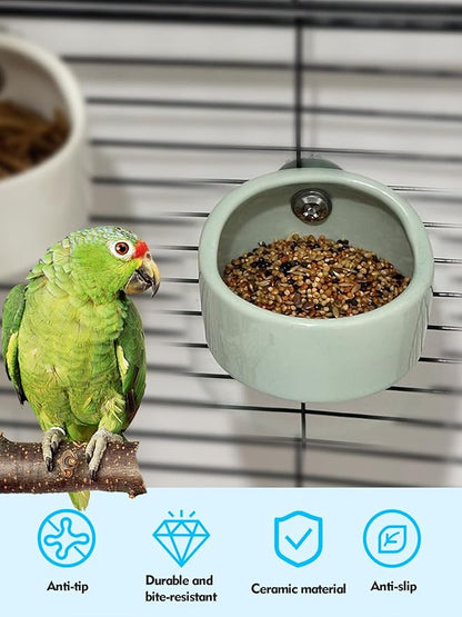 2PCS Birds Feeding Dish Cups Ceramic Bird Cage Food Bowls, Bird Cage Feeder Hanging Parrot Food Bowl for Budgie Finches Lovebirds Cockatiels (Green)
