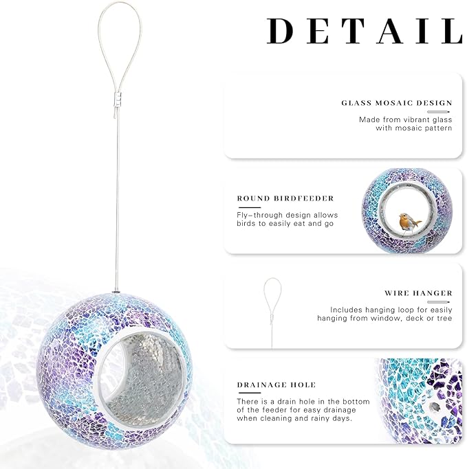 VCUTEKA Mosaic Bird Feeder, Round Glass Container Hanging Bird Feeders for Gardens, Yards, Decks to Attract Wild Birds, 7-Inch Purple Blue