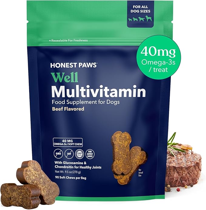 Honest Paws (90 Count) Dog Multivitamin Soft Chews with 10 Essential Vitamins - Joint, Coat, Immune, Eye & Heart Support - with Glucosamine, Chondroitin & Omega-3 - Beef Flavor