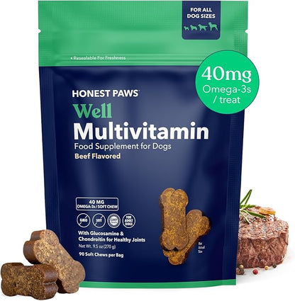 Honest Paws (90 Count) Dog Multivitamin Soft Chews with 10 Essential Vitamins - Joint, Coat, Immune, Eye & Heart Support - with Glucosamine, Chondroitin & Omega-3 - Beef Flavor
