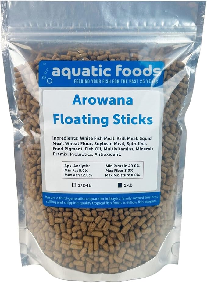 Aquatic Foods Inc. Arowana 3/8" x 7/32" 40% Protein Floating Sticks for Arowana, Oscars, Flower Horns, Red Parrots All Central and South American Cichlids...WL…1-lb Foil Pouch Bag