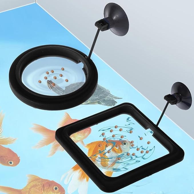 4 Aquarium Feeding Rings, Fish Tank Stations, Floating Food Trays, feeders, Square Circular attachments, Fish Food feeders, Suction Cups, Black, Suitable for Turtles, Turtles, Goldfish, Peacock fishs