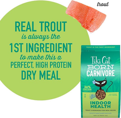 Tiki Cat Born Carnivore Indoor Health Dry Cat Food, Trout & Menhaden Fish Meal, 3 lbs. Bag
