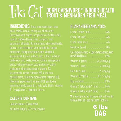 Tiki Cat Born Carnivore Indoor Health, Trout & Menhaden Fish Meal, Grain-Free Baked Kibble to Maximize Nutrients, Dry Cat Food, 6 Lbs. Bag