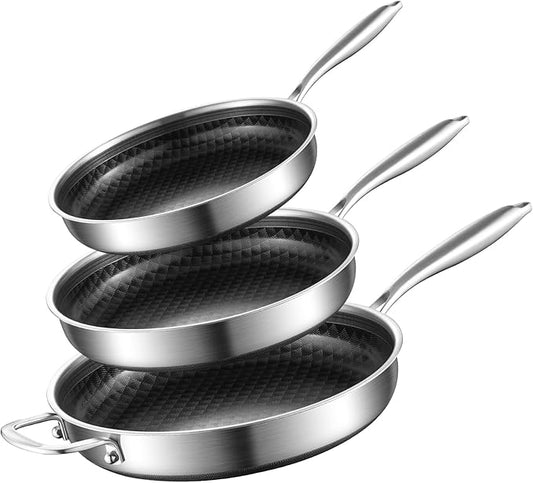 8-10-12 Inch Non Stick Frying Pans, Ceramic Coating NonStick Stainless Steel Pan Set, Tri-Ply Skillets and Pan Set, Induction Cooker Compatible, Cool-Touch Handle, Dishwasher and Oven Safe