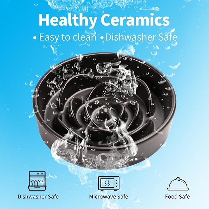 8.26 in Black Dog Bowl Slow Feeder Ceramic for Medium and Large Breed,Slow Feeding Dog Food Water Dish Heavy Weighted,Puppy Dish for Fast Eaters,Puzzle Eating Bowl Modern Maze