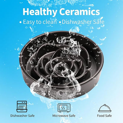 8.26 in Black Dog Bowl Slow Feeder Ceramic for Medium and Large Breed,Slow Feeding Dog Food Water Dish Heavy Weighted,Puppy Dish for Fast Eaters,Puzzle Eating Bowl Modern Maze