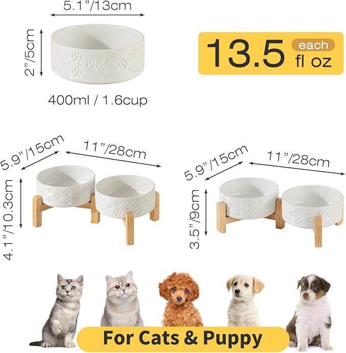5.1" Raised Ceramic Dog Bowl Set, Two Dog Dishes with 2-Height Stand, Elevated Food & Water Bowls for Cats, Puppies, Non-Slip, 13.5 OZ, Dishwasher Safe (Double Bowls + Stand - White, 5.1 inch)