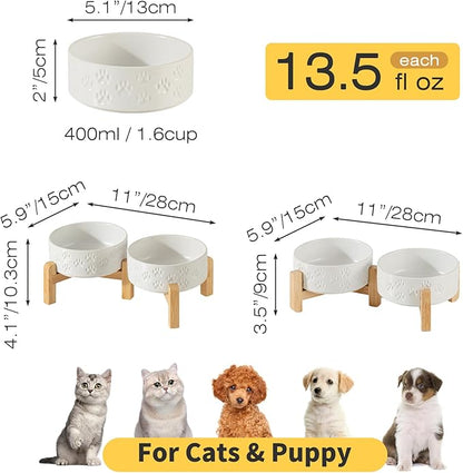 5.1" Raised Ceramic Dog Bowl Set, Two Dog Dishes with 2-Height Stand, Elevated Food & Water Bowls for Cats, Puppies, Non-Slip, 13.5 OZ, Dishwasher Safe (Double Bowls + Stand - White, 5.1 inch)