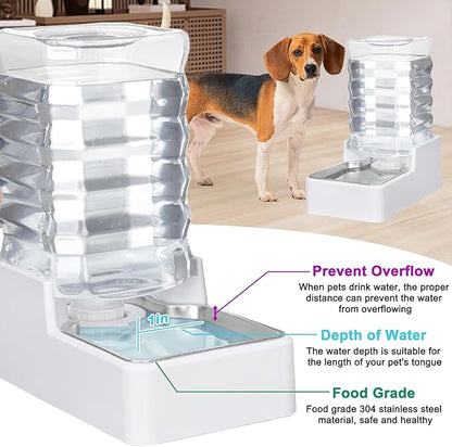 Automatic Dog and Cat Dispenser: 8L White Gravity Feeder with Stainless Steel Bowl - BPA-Free - No Spill Design for Cats and Dogs - Indoor and Outdoor Hydration