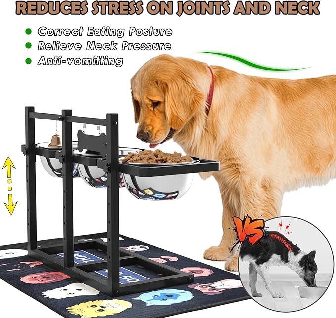 Elevated Dog Bowls for Large Dogs, 6 Height Adjustable Raised Stand with Mat, Slow Feeding Bowl and Three 1700ML Bowls, for Large Breed and Multi-Pet Households
