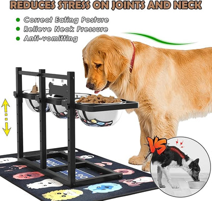 Elevated Dog Bowls for Large Dogs, 6 Height Adjustable Raised Stand with Mat, Slow Feeding Bowl and Three 1700ML Bowls, for Large Breed and Multi-Pet Households