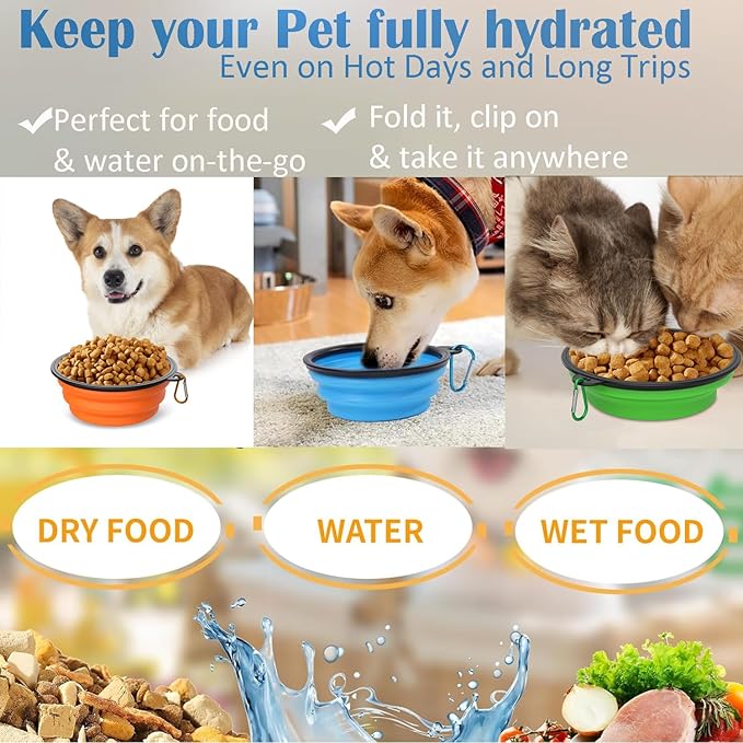 Takfox Collapsible Dog Bowls [3 Pack] 20 oz, Travel Dog Bowls, Pet Bowl Portable Foldable Water Food Feeding Dishes with Carabiner Clip for Traveling Hiking Walking-Red & Orange & Yellow