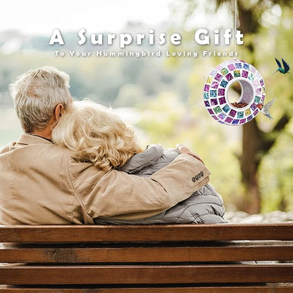 VCUTEKA Bird Feeder Mosaic Fly Through Bird Feeders for Outside Hanging with Round Shape Glass Container to Attract More Wild Birds for Garden, Yard, Backyard, Deck and Porch Decor, Multi 7-Inch