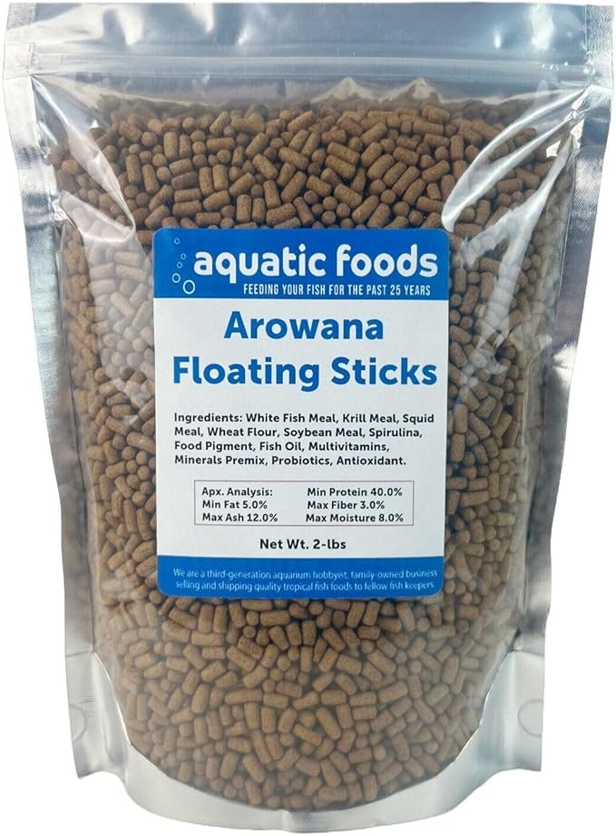 Aquatic Foods Inc. Arowana 3/8" x 7/32" 40% Protein Floating Sticks for Arowana, Oscars, Flower Horns, Red Parrots All Central and South American Cichlids...WL…2-lbs Foil Pouch Bag