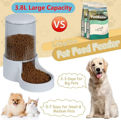 Automatic Cat Feeder, 3.8L Large Gravity Cat Food Dispenser with Detachable Top Lid, Visible Bottle and Stainless Steel Bowl for Pets (White)