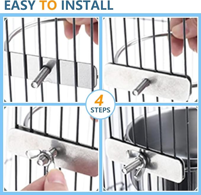 2Pcs Stainless Steel Bird Feeding Bowls, Small Bird Feeding Cup, Stainless Steel Parrot Food Bowl Cage with Holder, Parrot Cage Water Feeder, Pet Cage Cup Holder