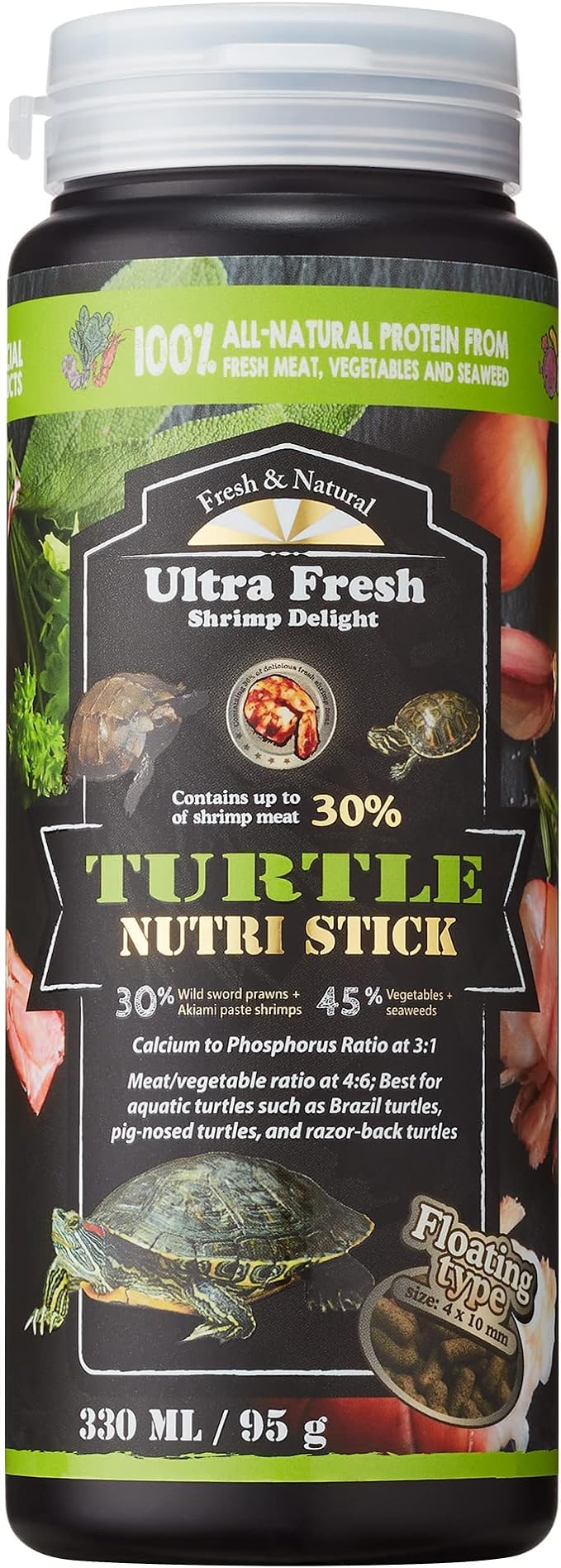 Ultra Fresh - Turtle Nutri Stick, Wild Sword Prawn, Calcium & Vitamin D Enriched Aquatic Turtle Food with Probiotics for Picky Turtles, Made from All Natural Ingredients 3.35 oz