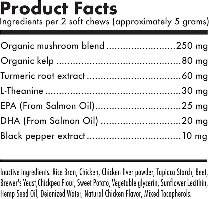 Mushroom Complex Treats for Dogs with Reishi, Shiitake, and Turkey Tail Mushrooms for Cognition and Immune Boosting Supports Digestive Health and Reduces Inflammation DHA EPA Turmeric Kelp (120pcs)