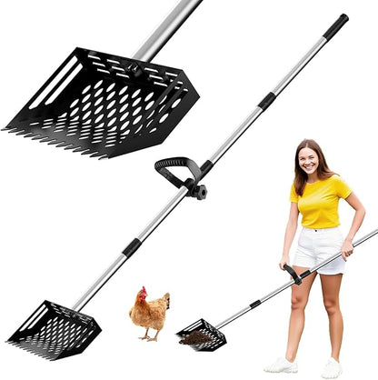 2-in-1 Chicken Poop Scooper & Rake,10" Wide Metal Sand Sifting Shovel with Grip,Chicken Coop Scoop for Poop Shavings Cleaning,Litter Scooper for Chicken Coop Accessories,Adjustable Handle (24" to 66")