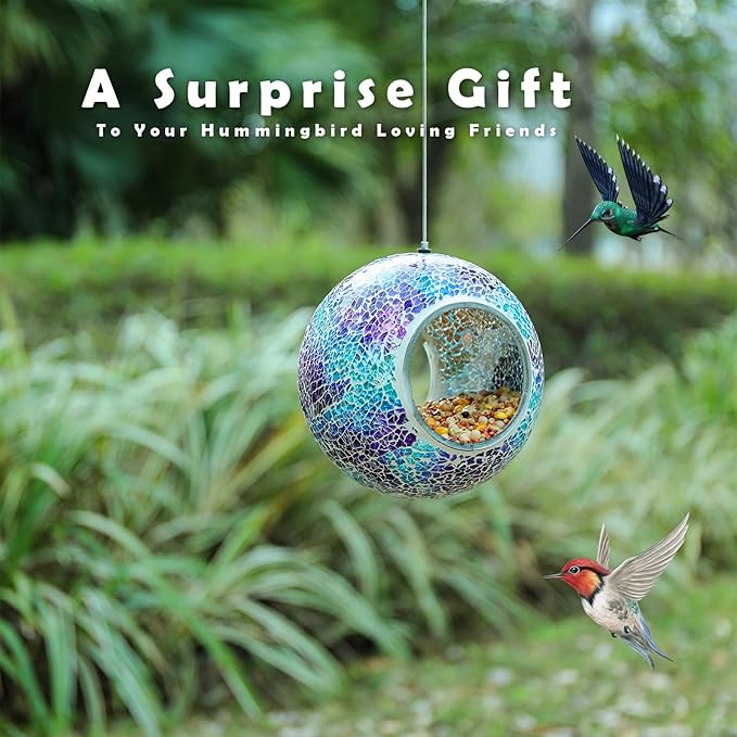 VCUTEKA Mosaic Bird Feeder, Round Glass Container Hanging Bird Feeders for Gardens, Yards, Decks to Attract Wild Birds, 7-Inch Purple Blue
