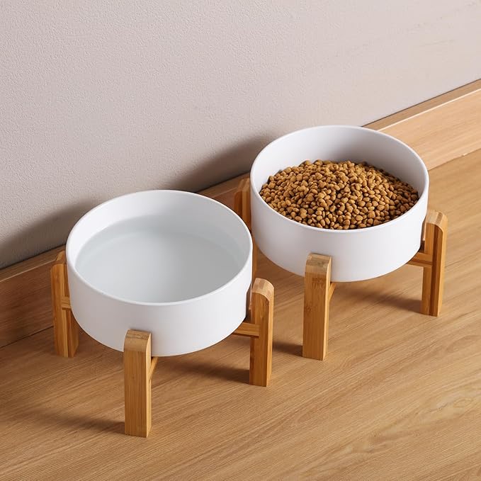 White Elevated/Raised Dog Bowl Ceramic for Medium Large Sized Breed,Dog Food Water Bowl with Stand,8 in 7.6 Cups Non Slip Heavy Weighted Dog Dish