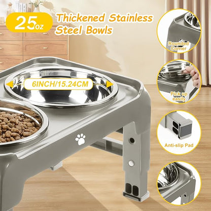 Elevated Dog Bowls 3 Height Adjustable Raised Bowl Stand with 25oz Stainless Steel Dog Food Bowls Anti-Slip for Small Dogs Adjusts to 7.5", 6", 2.75", Grey