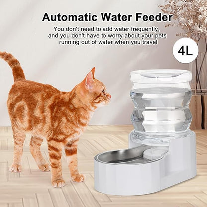 RIZZARI Dog Water Bowl Dispenser: 4L Automatic Stainless Steel Gravity Feeder - Large Capacity Ideal for Cats and Small Dogs - Indoor and Outdoor Hydration