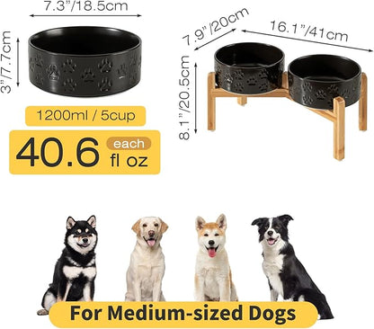 7.3" Raised Ceramic Pet Bowl Set, 2 Non-Slip Dog Dishes with Stand, Elevated Food & Water Bowls for Medium Breed Dogs, Protects Cervical Spine (Double Bowls + Stand - Black, 7.3 inch)