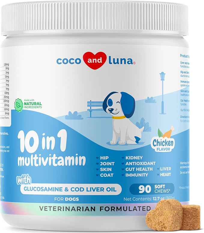 Multivitamin for Dogs - Glucosamine Chondroitin for Joint Support + Digestive Enzymes & Probiotics - Cod Liver Oil & Vitamins with Coq10 for Skin & Heart Health, Gut & Immune Support