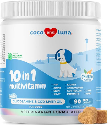 Multivitamin for Dogs - Glucosamine Chondroitin for Joint Support + Digestive Enzymes & Probiotics - Cod Liver Oil & Vitamins with Coq10 for Skin & Heart Health, Gut & Immune Support