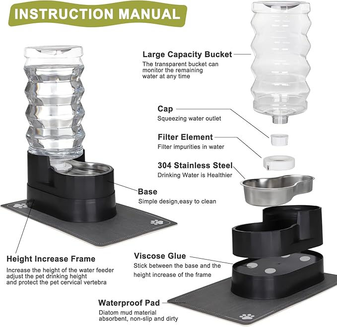 RIZZARI Large Water Dispenser for Dogs: 9L Automatic Stainless Steel Gravity Raised Black Pet Feeder for Pet Dogs Indoor/Outdoor