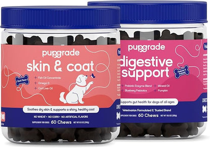 PupGrade 2-Pack Skin & Coat and Digestive Chews for Dogs - Coat Care & Allergy Defense Supplement with Natural Fish Oils - Prebiotic and Probiotic Supplement with Enzyme Blend - 120 Chews
