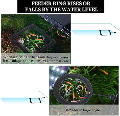 2PCS Fish Feeding Ring,Fish Feeder Circle Aquarium and Tank Floating Rings Food Feeders with Suction Cup for Goldfish Turtle and Other Smaller Fish (Round and Square, Black)