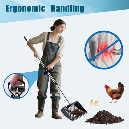 10-inch Large Metal Chicken Poop Scooper＆Rake 2-in-1 with Ergonomic Grip Adjustable Long Handle(36 to 61 Inches) for Cleaning Chicken Sand,Chicken Poop Sifting Shovel,Chicken Coop Accessories﻿
