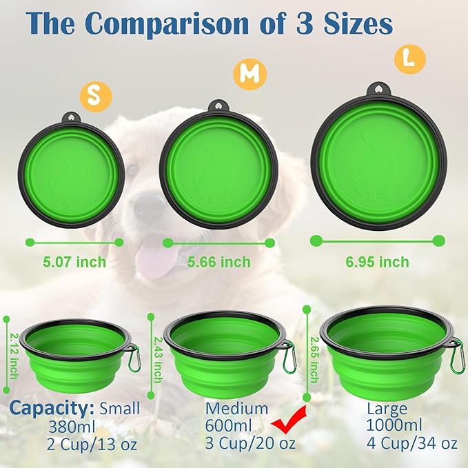 Takfox Collapsible Dog Bowls [3 Pack] 20 oz, Travel Dog Bowls, Pet Bowl Portable Foldable Water Food Feeding Dishes with Carabiner Clip for Traveling Hiking Walking-Black & Green & Blue