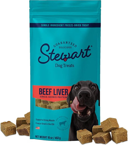 Stewart Single Ingredient Freeze Dried Raw Dog Treats, Beef Liver, 16 Ounce Value Size, Approx. 360 Pieces per Resealable Pouch, Training Treats or Meal Topper, High Protein, Grain Free, Gluten Free
