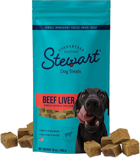 Stewart Single Ingredient Freeze Dried Raw Dog Treats, Beef Liver, 16 Ounce Value Size, Approx. 360 Pieces per Resealable Pouch, Training Treats or Meal Topper, High Protein, Grain Free, Gluten Free