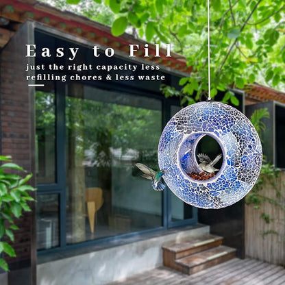 VCUTEKA Bird Feeder Mosaic Fly Through Bird Feeders for Outside Hanging with Round Shape Glass Container to Attract More Wild Birds for Garden, Yard, Backyard, Deck and Porch Decor, 8-Inch