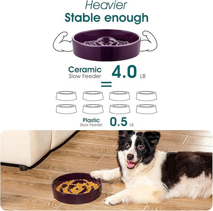 vancasso Slow Feeder Dog Bowl, 3 Cups Ceramic Slow Feeder for Large Breed, Puzzle Maze Dog Food Bowl for Fast Eater, Dark Purple