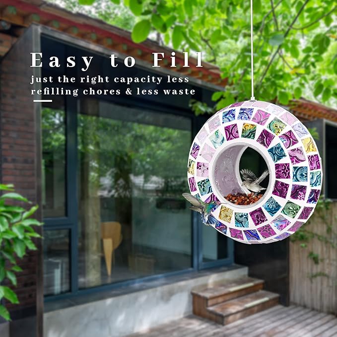 VCUTEKA Bird Feeder Mosaic Fly Through Bird Feeders for Outside Hanging with Round Shape Glass Container to Attract More Wild Birds for Garden, Yard, Backyard, Deck and Porch Decor, Multi 7-Inch