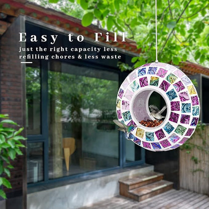 VCUTEKA Bird Feeder Mosaic Fly Through Bird Feeders for Outside Hanging with Round Shape Glass Container to Attract More Wild Birds for Garden, Yard, Backyard, Deck and Porch Decor, Multi 7-Inch