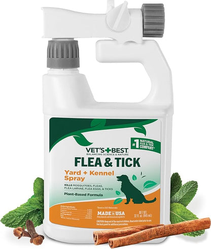 Vet's Best Flea and Tick Yard & Kennel Spray, Dog Flea Spray that Kills Fleas, Mosquitoes, & Ticks, Plant-Based Ingredients, Plant Safe Ready-to-Use Hose Attachment, 32 fl oz