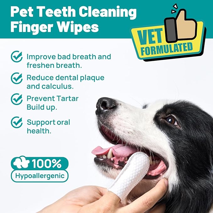 Teeth Cleaning Wipes for Dogs & Cats, Dog Finger Toothbrush Wipes, Dog Dental Care Finger Wipes, Dog Tooth Brushing Kit, Remove Plaque & Tartar Buildup, Fresh Breath (50 PCS, Unscented)