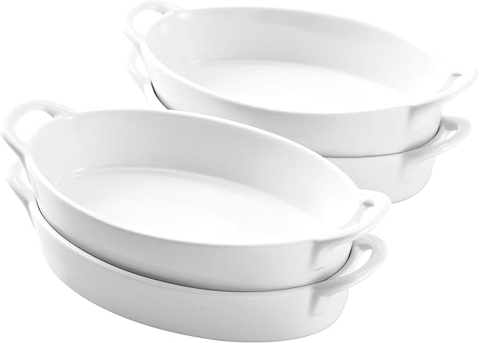 Bruntmor 8 x 5 inch Oval Porcelain Ceramic Deep Dish Au Gratin Pan Set of 4, Dual Handle Au Gratin Baking Dishes, Oven Safe Roasting Lasagna Pan For kitchen- White
