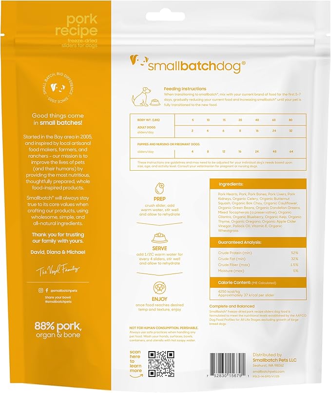 smallbatch Pets Freeze Dried Raw Dog Food, Pork Recipe, 14 oz, Organic High Protein Dog Food, Grain Free, Made in The USA, Humanely Raised Meat, Single Protein, for Picky Eaters, Hydrate & Serve