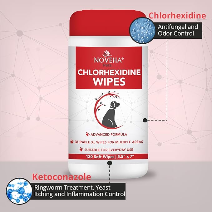 NOVEHA 120PCs XL Formulated Pet Wipes for Dogs & Cats - Safe for Facial & Finger Folds, Underarms, Groin, Hot Spots, Redness & Skin Relief, On-The-Go Size 5.5" x 7"