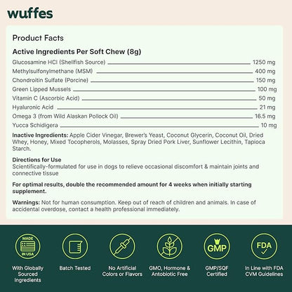 Wuffes Advanced Dog Hip and Joint Supplement with Glucosamine, Chondroitin, Omega 3, MSM, and Green Lipped Mussel, 30 Pork Flavored Chews for Large Dog Breeds